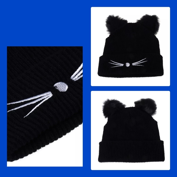 1-black beanie knit cap w embroidery cat face & faux fur accents on ears. - Picture 2 of 4